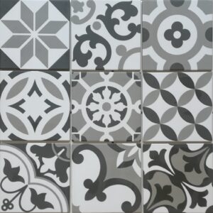 Grès Cérame Blanc + Gris effet carreau ciment (léger défaut d'impression)
18,5x18,5 cm - ép. 8 mm